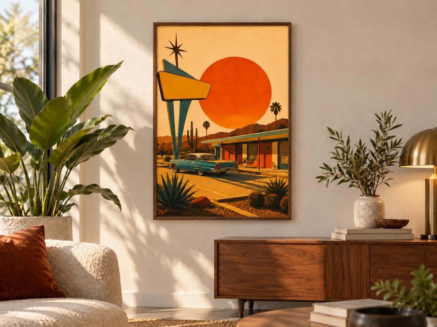 Mid Century Modern Desert Motel Poster, Retro Palm Springs Wall Art, Orange Sun Landscape