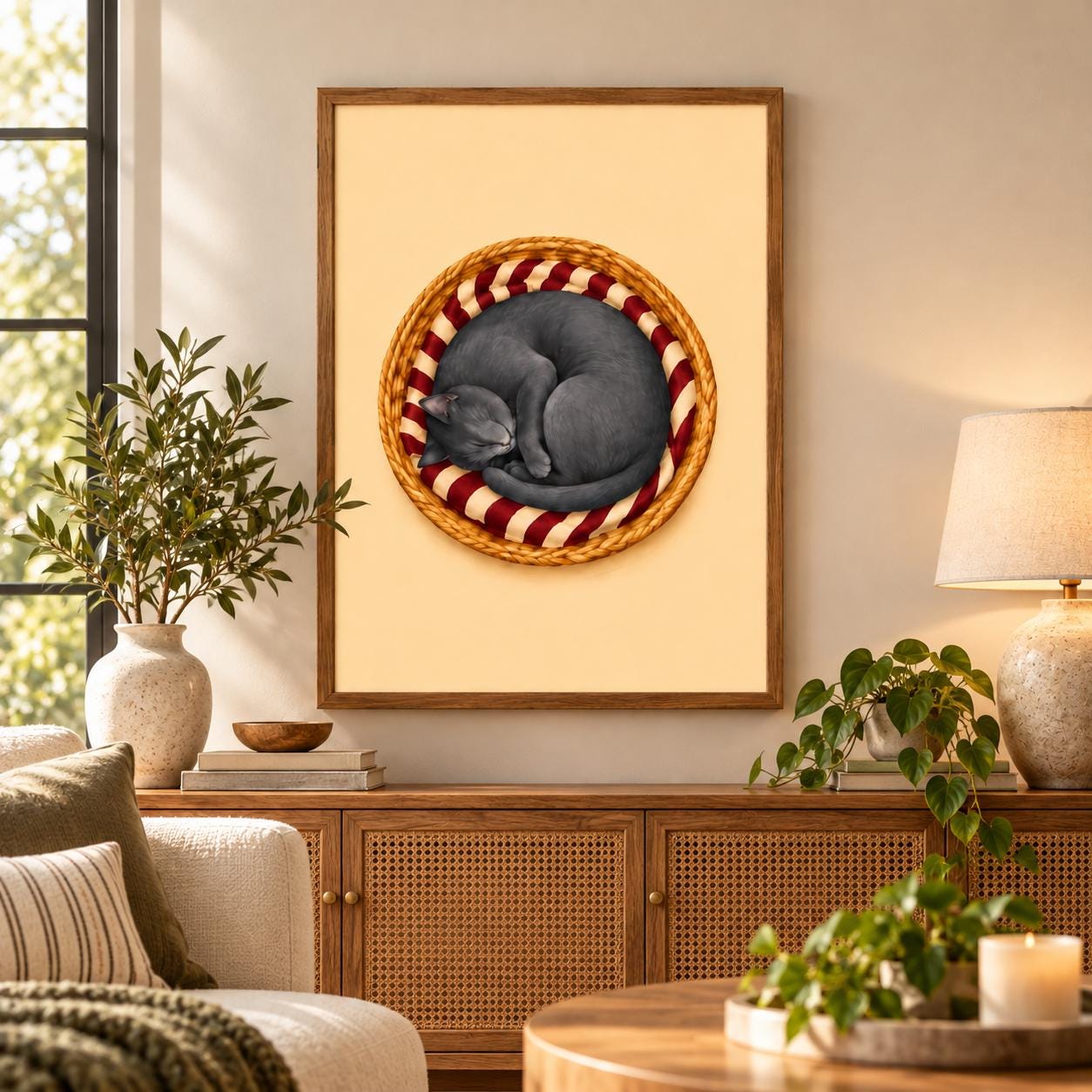 Sleeping Black Cat Poster, Cozy Woven Basket Animal Art, Minimalist Pet Decor