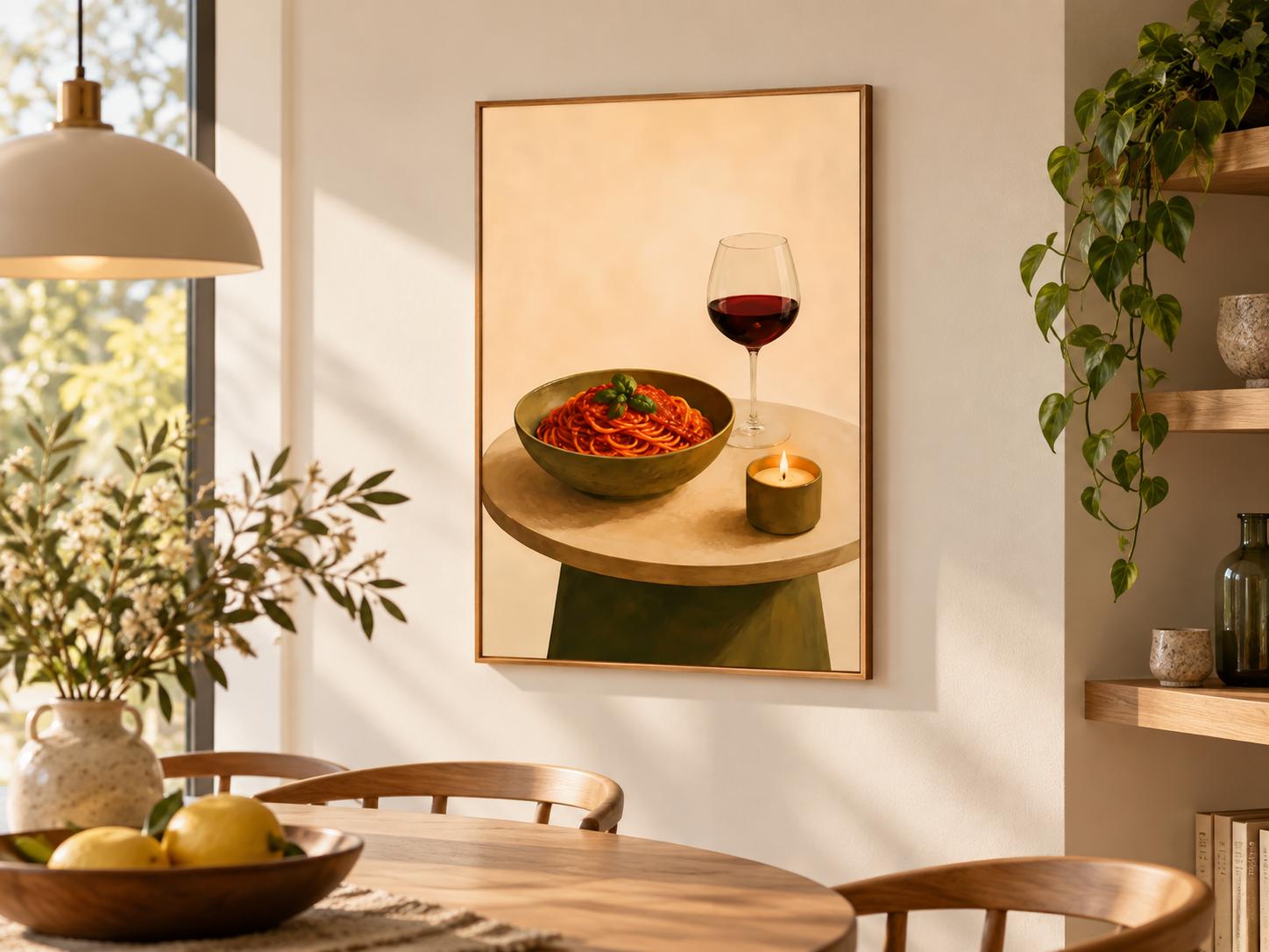Cozy Pasta Dinner Poster, Red Wine, Candlelight Italian Food Print alternate view