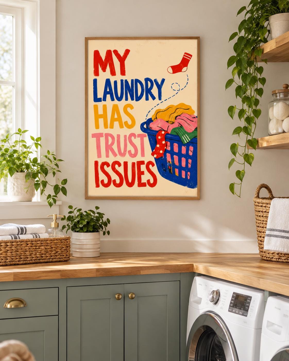 Funny Laundry Poster, My Laundry Has Trust Issues Wall Art, Colorful Retro Laundry Room Decor, Humorous Home Print