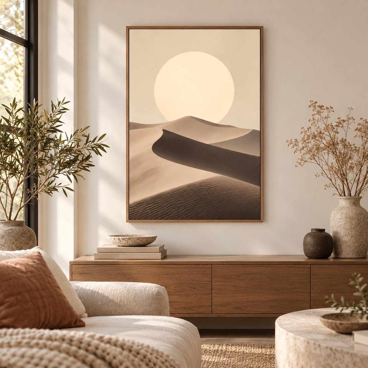 Neutral Desert Sun Poster, Minimalist Sand Dunes Wall Art, Earth Tone Landscape Print alternate view