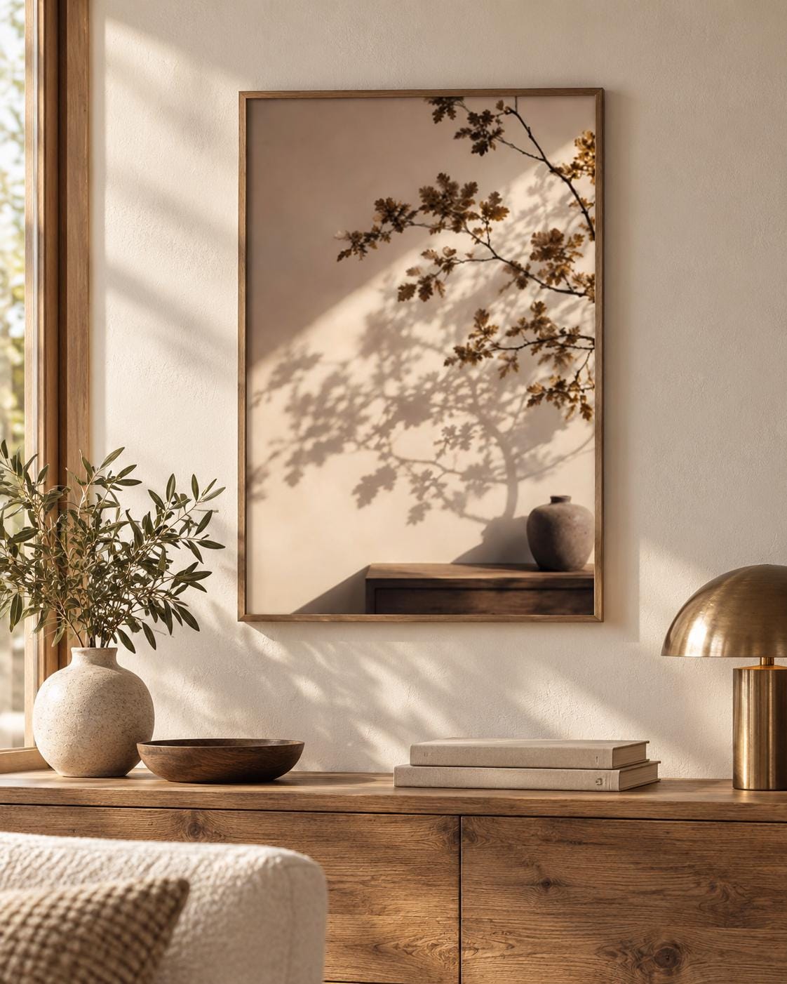 Japandi Botanical Wall Art, Branch Shadow Print, Wabi Sabi Neutral Decor, Beige Japanese Poster