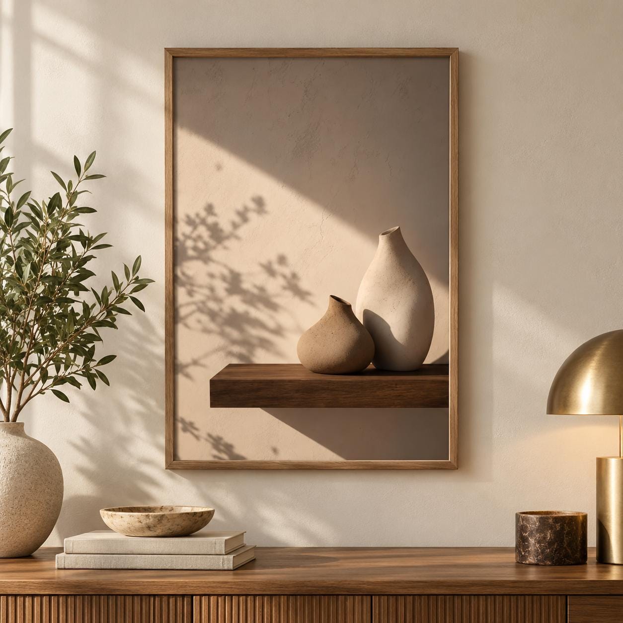 Japandi Ceramic Vase Poster, Minimalist Beige Botanical Shadow Art alternate view