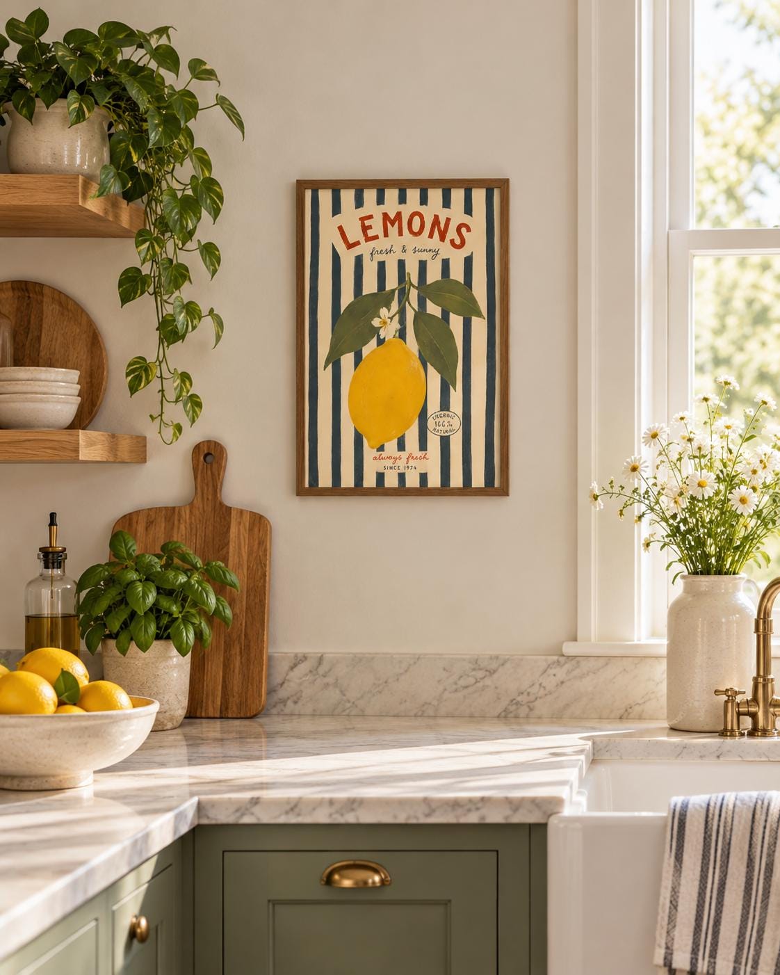 Vintage Lemon Poster, Mediterranean Kitchen Wall Art, French Market Stripes