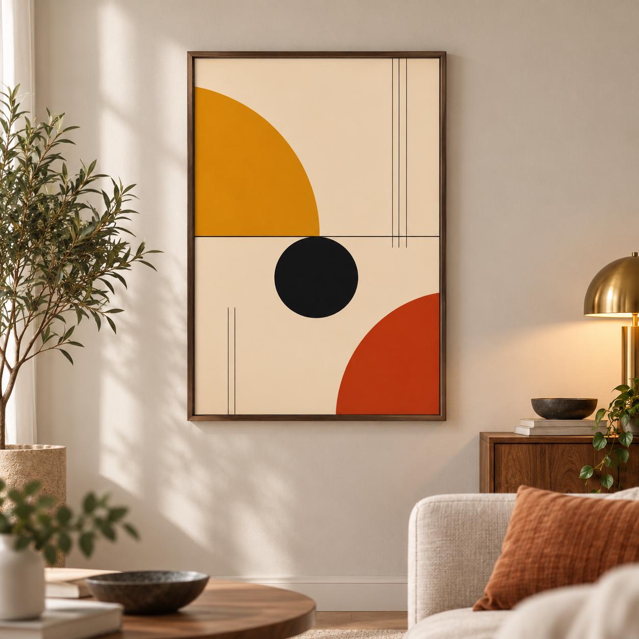 Bauhaus Abstract Poster, Mid Century Geometric Print, Mustard Orange Retro Wall Art