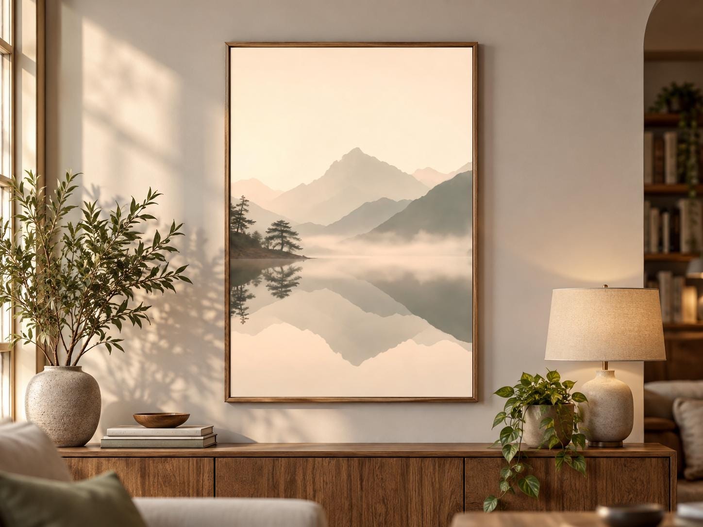 Japandi Mountain Lake Poster, Misty Landscape Wall Art, Neutral Nature Print, Minimalist Zen Decor alternate view