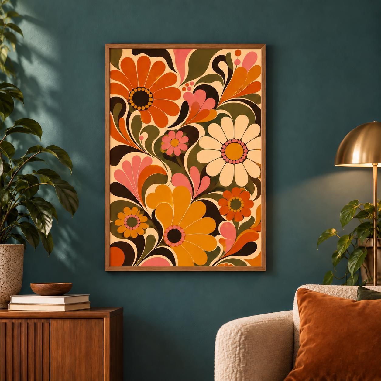 Retro Floral Poster, 70s Botanical Wall Art, Vintage Daisy Print, Boho Mid Century Decor