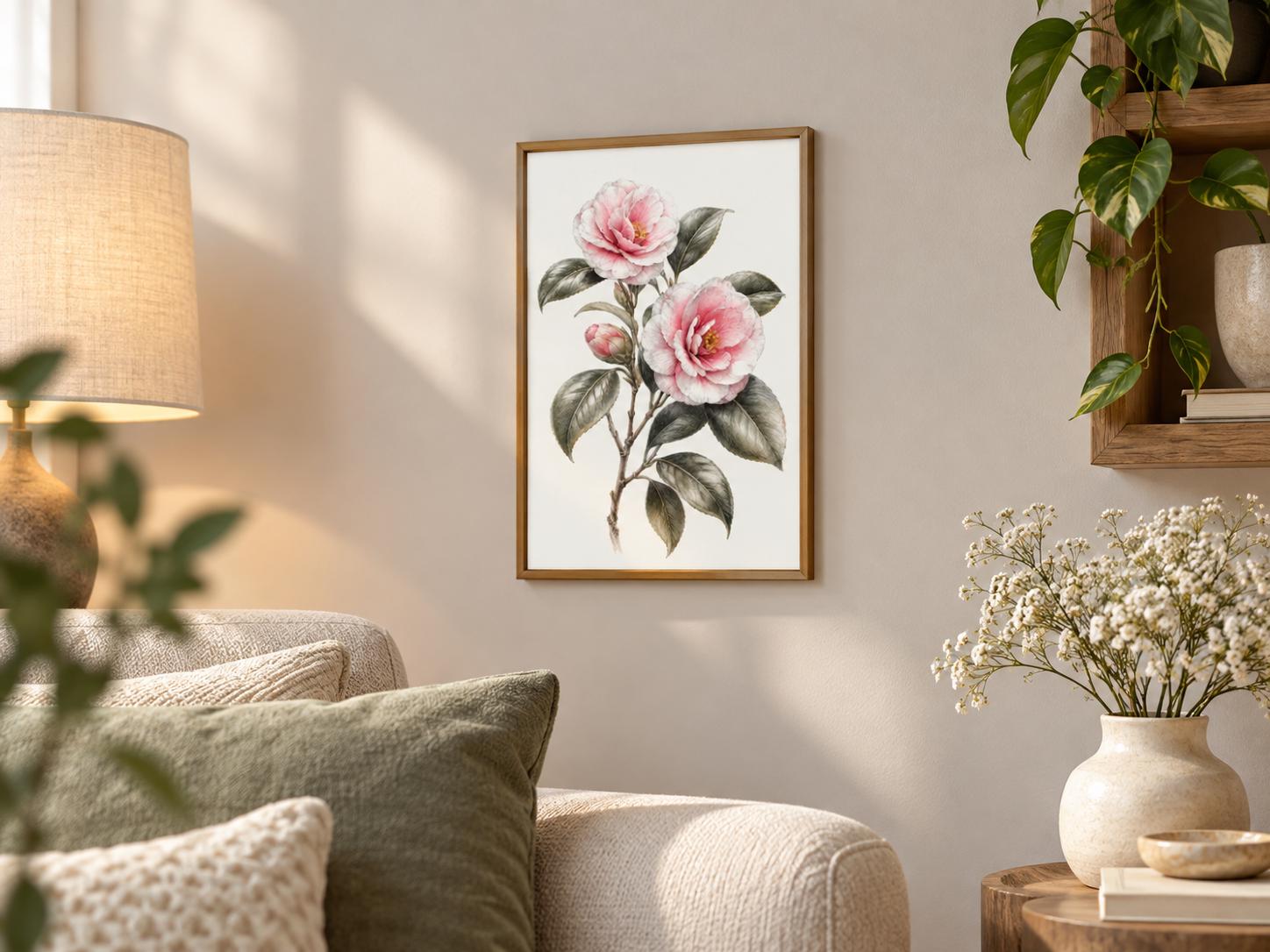 Vintage Pink Camellia Botanical Poster, Cottagecore Floral Wall Art Print alternate view