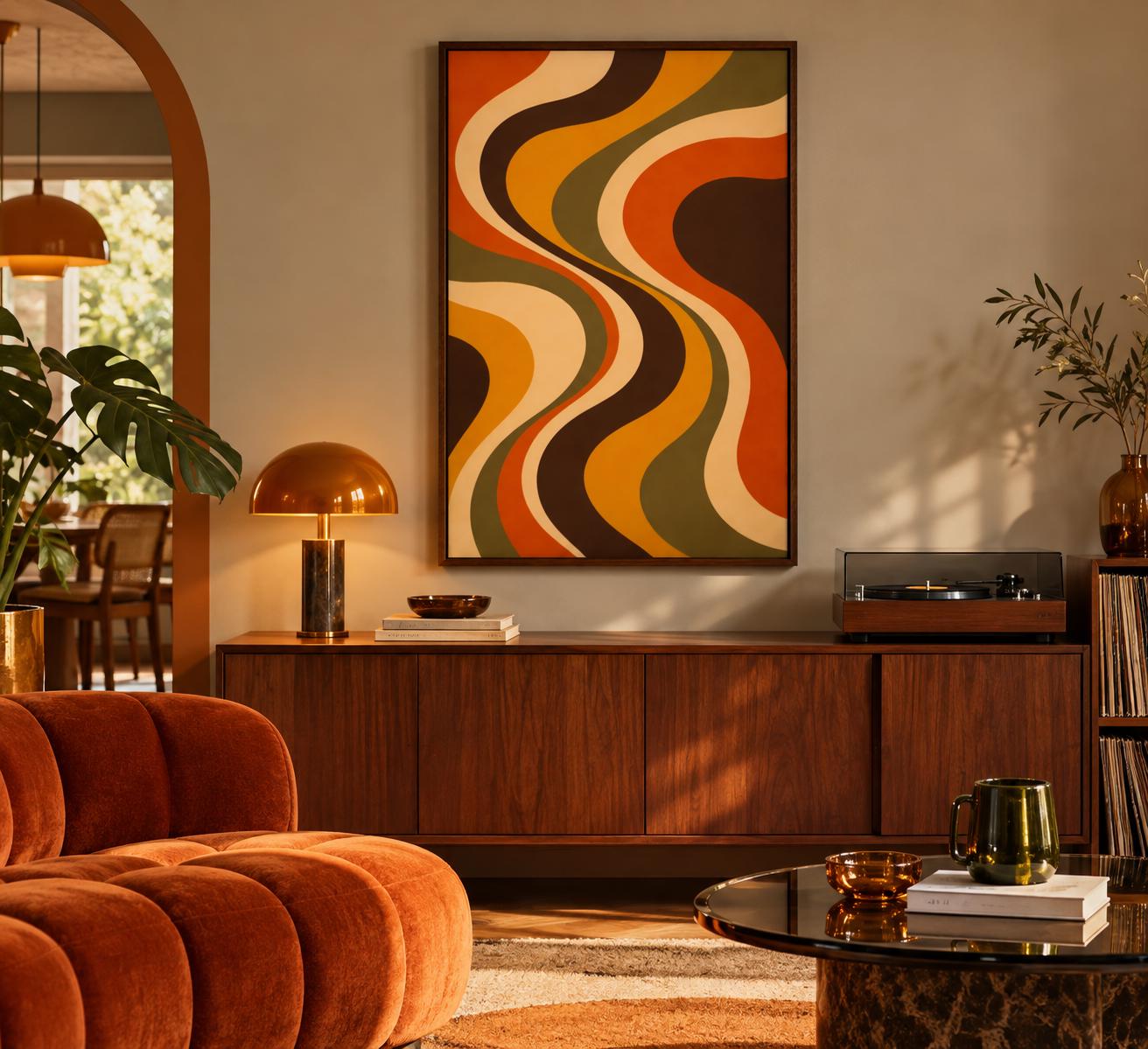 Retro Abstract Wave Poster, Mid Century Modern Wall Art, 70s Boho Decor