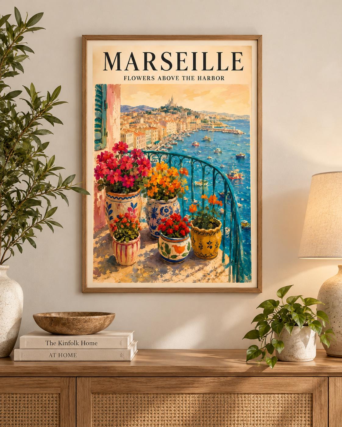 Marseille France Travel Poster, Floral Balcony Coastal Wall Art, Vintage Riviera Decor