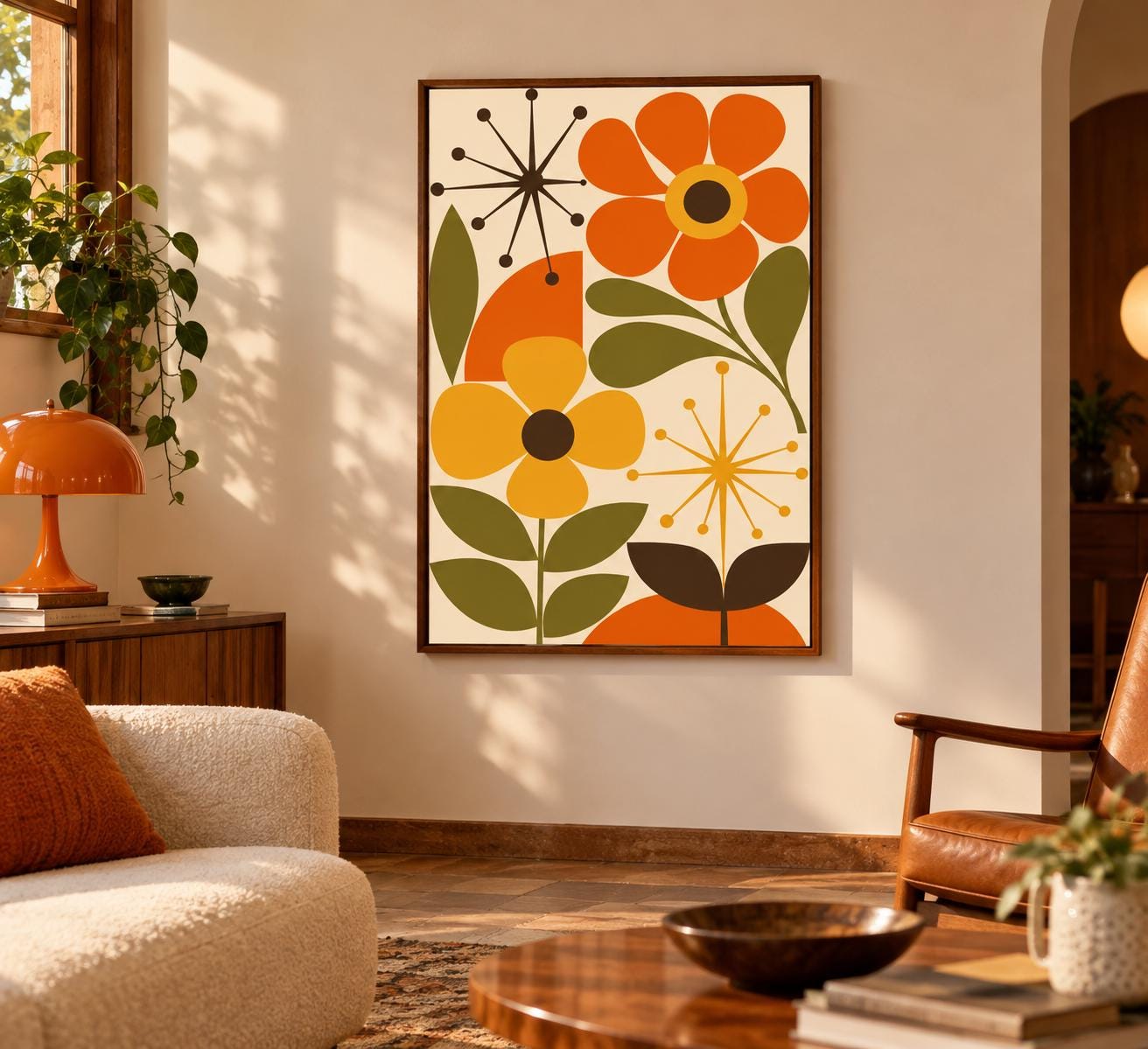 Mid Century Modern Floral Poster, Retro Botanical Wall Art, Orange Bauhaus Print