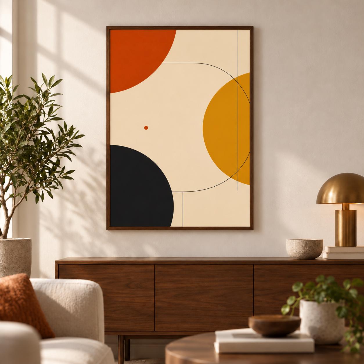 Bauhaus Abstract Geometric Poster, Mid Century Modern Wall Art, Burnt Orange Mustard Print