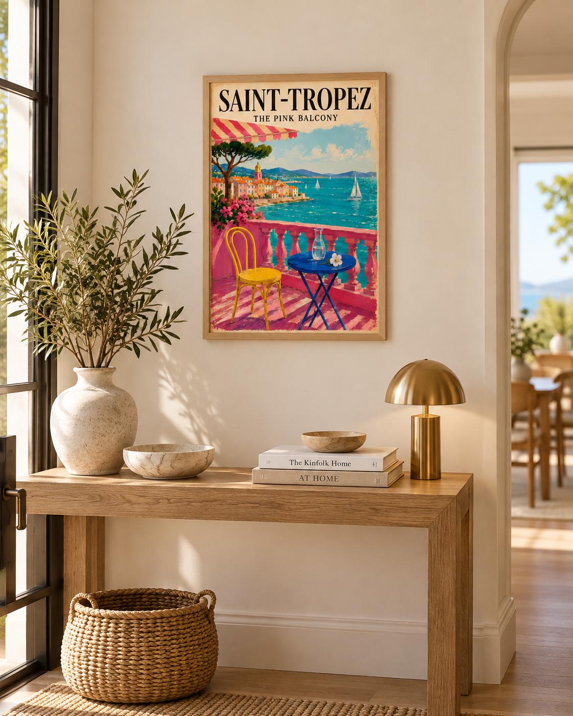 Saint-Tropez Poster: Pink Balcony, Mediterranean Coast, Vintage Travel Art