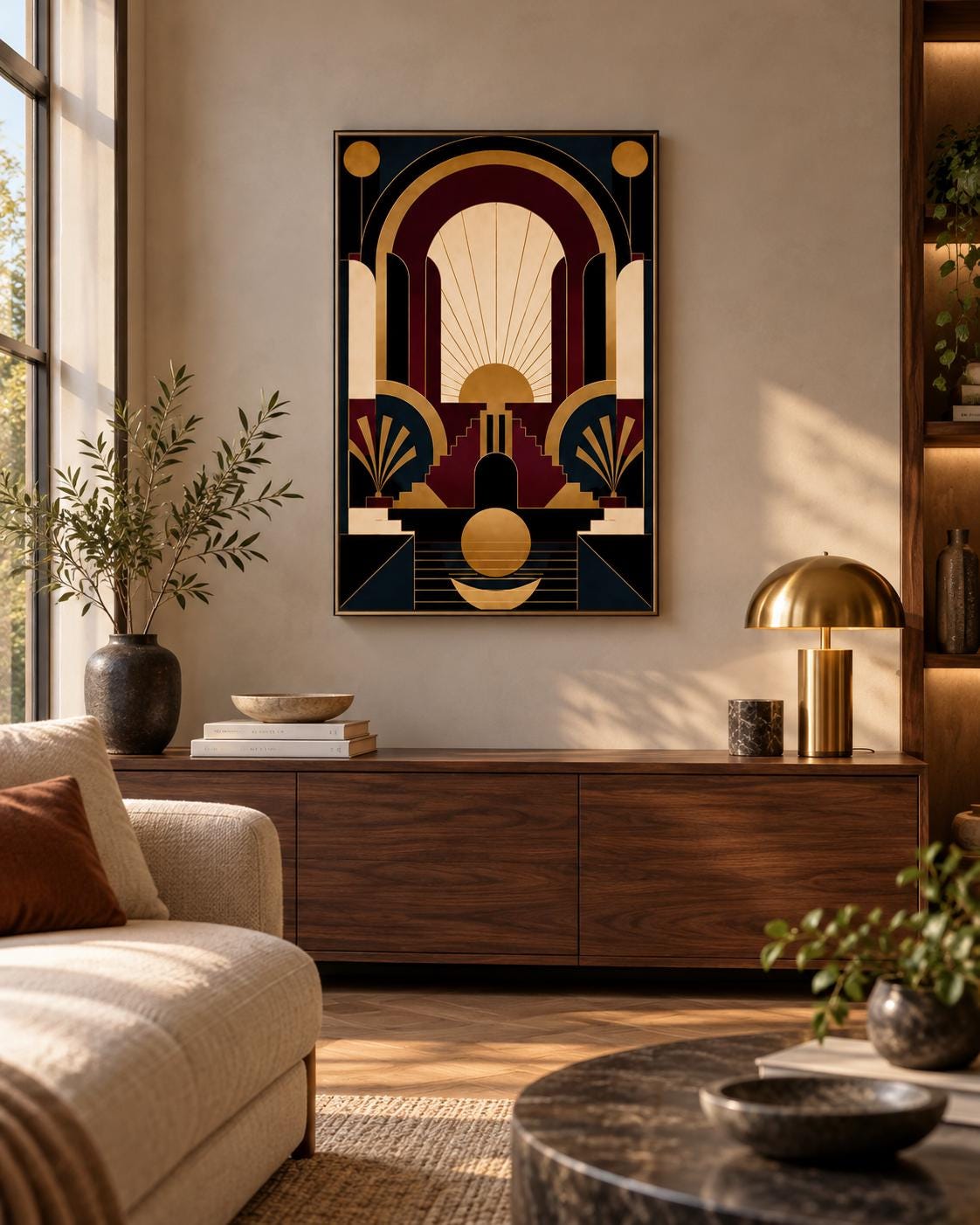 Art Deco Geometric Poster, Black Burgundy Gold Architectural Print, Modernist Home Decor