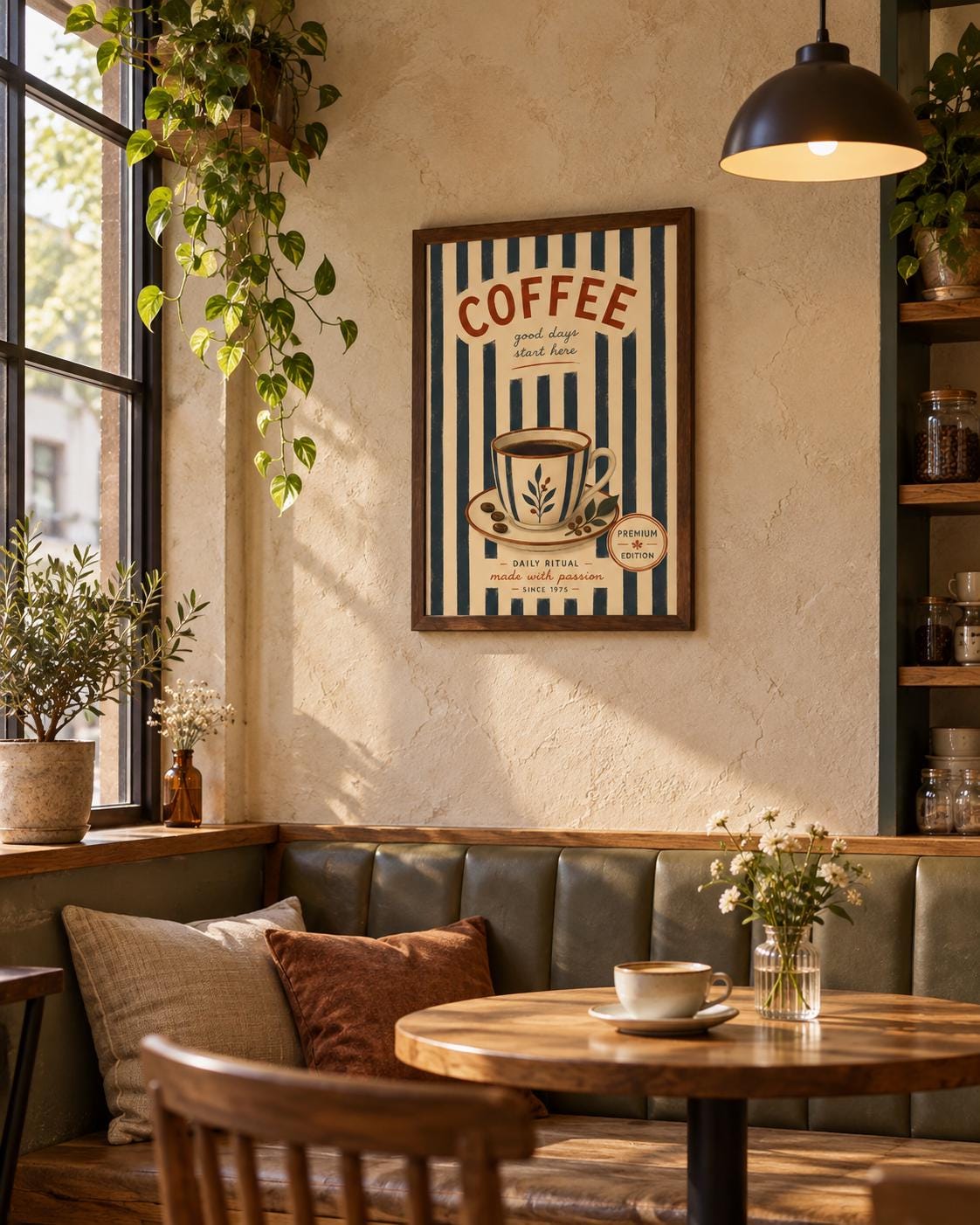 Vintage Coffee Poster, Retro Cafe Wall Art, Neutral Beige Kitchen Decor