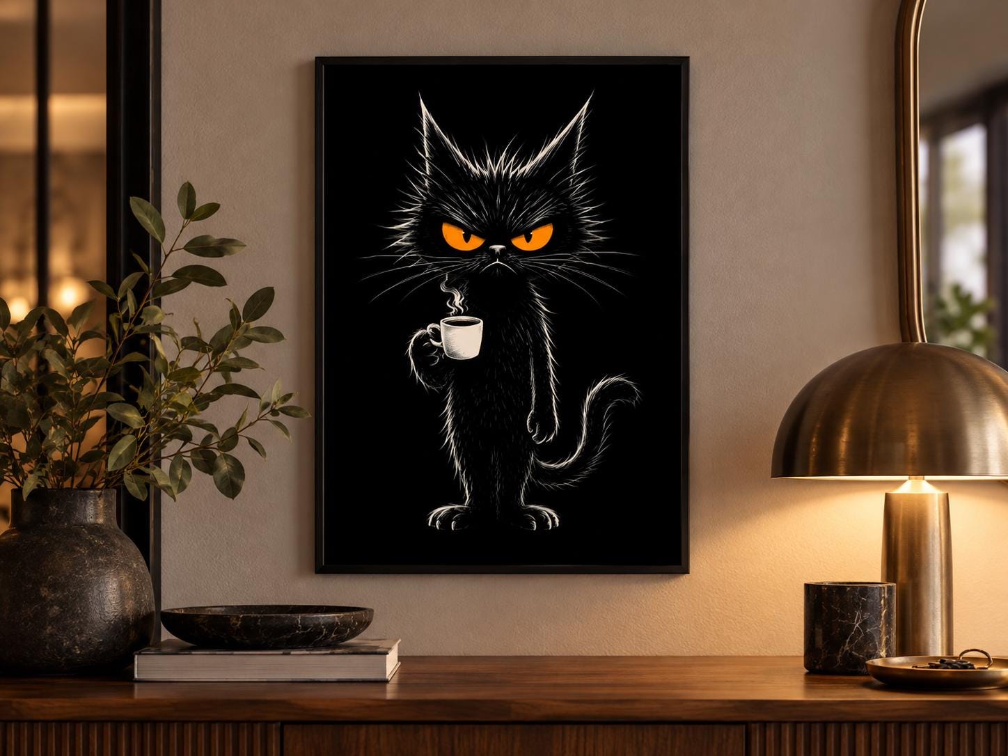 Grumpy Black Cat Coffee Poster: Gothic Dark Humor Wall Art Print