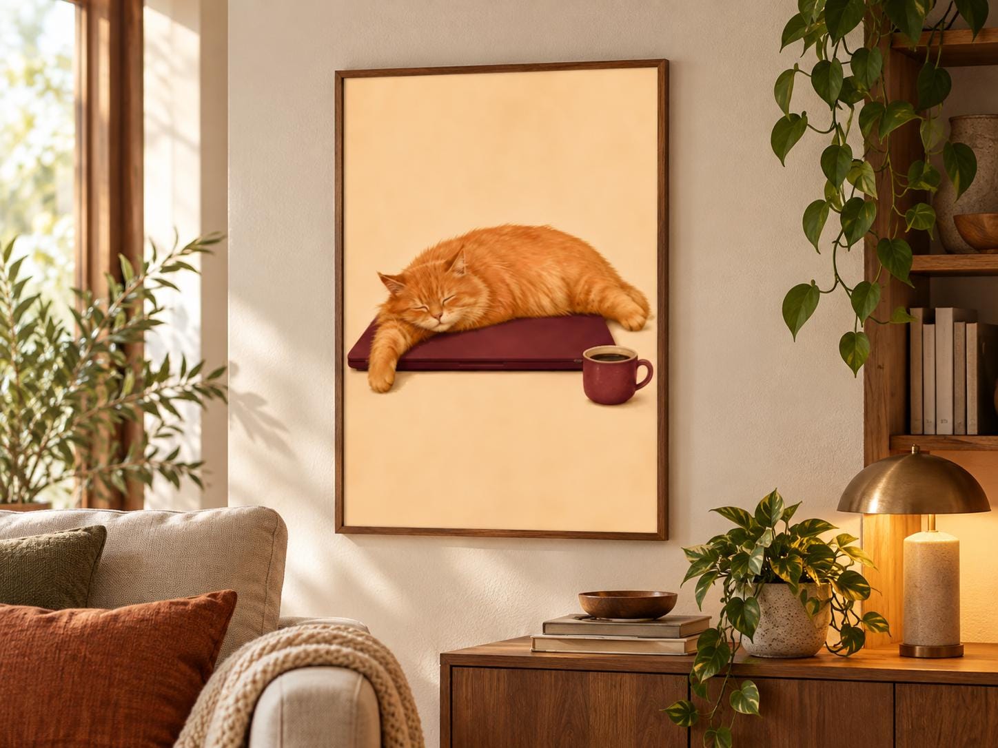 Sleepy Orange Cat Poster, Coffee Lover Wall Art, Minimalist Ginger Cat Print
