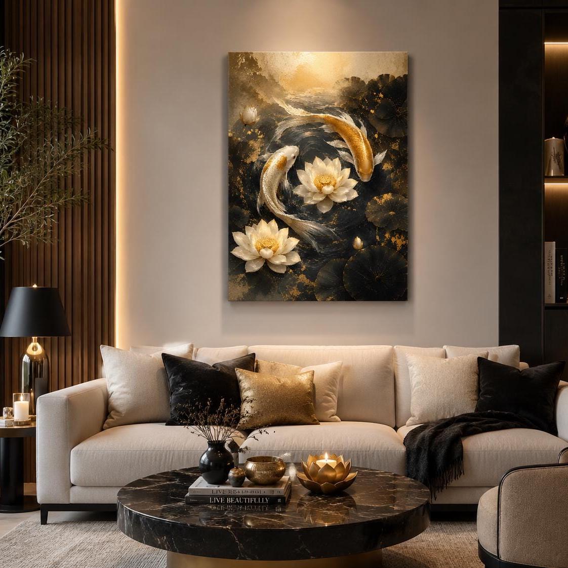 Koi Fish Lotus Wall Art, Zen Asian Decor, Beige Gold Poster