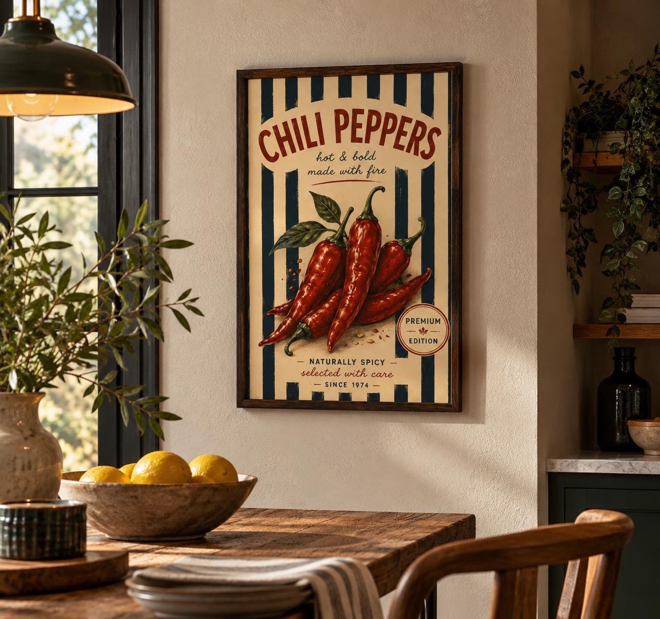 Vintage Chili Peppers Poster, Retro Kitchen Wall Art, Rustic Farmhouse Decor