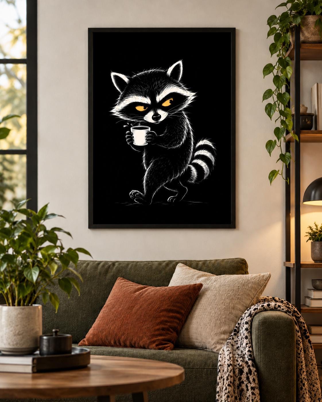 Funny Raccoon Coffee Poster, Black White Animal Wall Art, Moody Kitchen Decor
