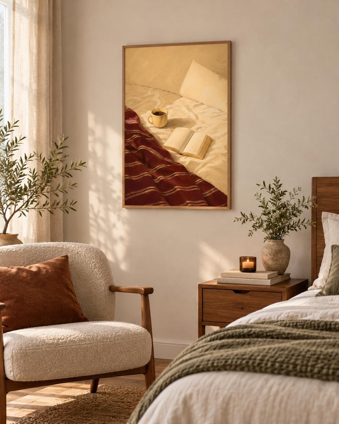 Cozy Bed Reading Poster, Warm Coffee Book Print, Neutral Slow Living Wall Art